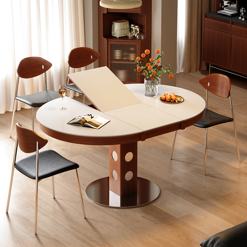 French-Style Vintage Solid Wood Extendable Dining Table, Oval Folding Round Table, Suitable for Small Households, with a Combination of Slate Dining Table and Chairs, Second-Hand