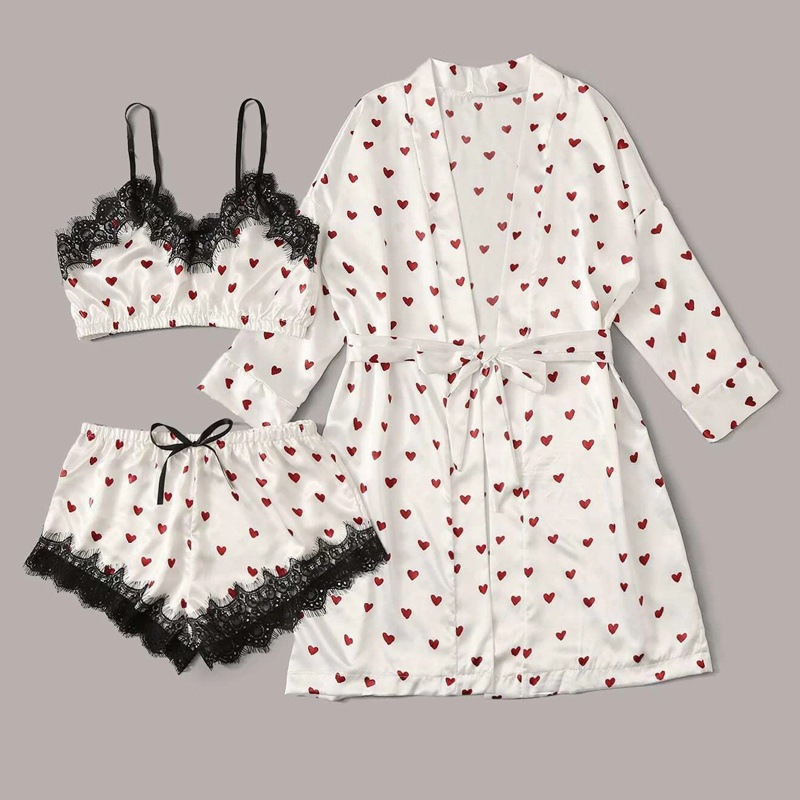 154g Weight 3/4 Length Sleeve, Sleeveless Sleeve Length Pajamas, Nightgown Lingerie Type Tie Placket Type Imitated Silk, Polyester Fabric Type Short, Long Top Length Shorts Sets Sets Type 2 Pieces Set, 3 Pieces Set Quantity Home, Daily Occasion V Neck, Strap Neckline Breathable Function Slim Fit Type Heart Shape Pattern All Seasons Season Women's Gender Sexy, Sweet Style Home Daily Women's Sexy Sweet Heart Shape Imitated Silk Polyester Shorts Sets Pajama Sets