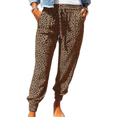 2025 Summer European and American Women's Loose-Fit Cropped Pants with Leopard Print, Drawstring Design, and Casual Style—Perfect for a Slimming Look
