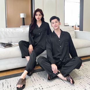 2025 new men's pajamas women's ice silk spring and summer thin high-end sense small vertical long sleeve couples home clothes suit