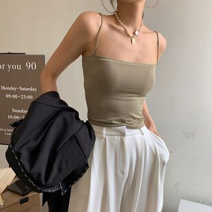 Solid color top with cups, tank top, breast pads, wireless bra, base tube top, Korean style, thin strap