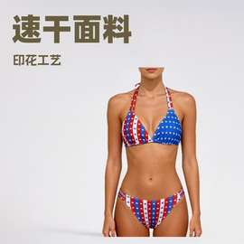 2026欧美跨境美国独立日印花比基尼亚马逊爆款分体游泳衣速干露背