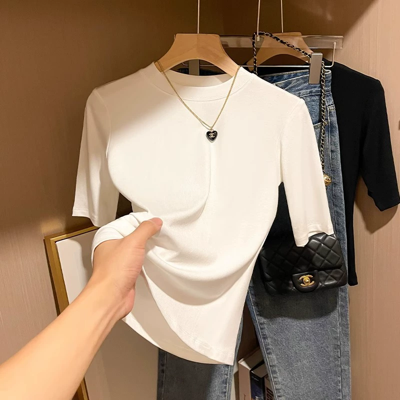 Весенне-летняя тонкая футболка с рукавами три четверти для женщин 2024 Новая тонкая Однотонная футболка с круглым вырезом и коротким рукавом, универсальный топ для похудения