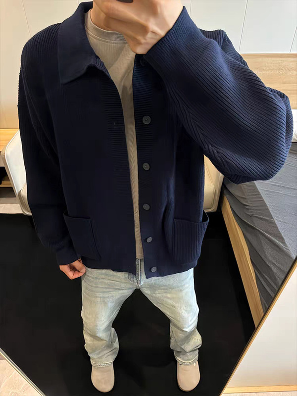 藏青色针织开衫男单排纽扣翻领卫衣外套美式cleanfit羊毛夹克衫潮|undefined