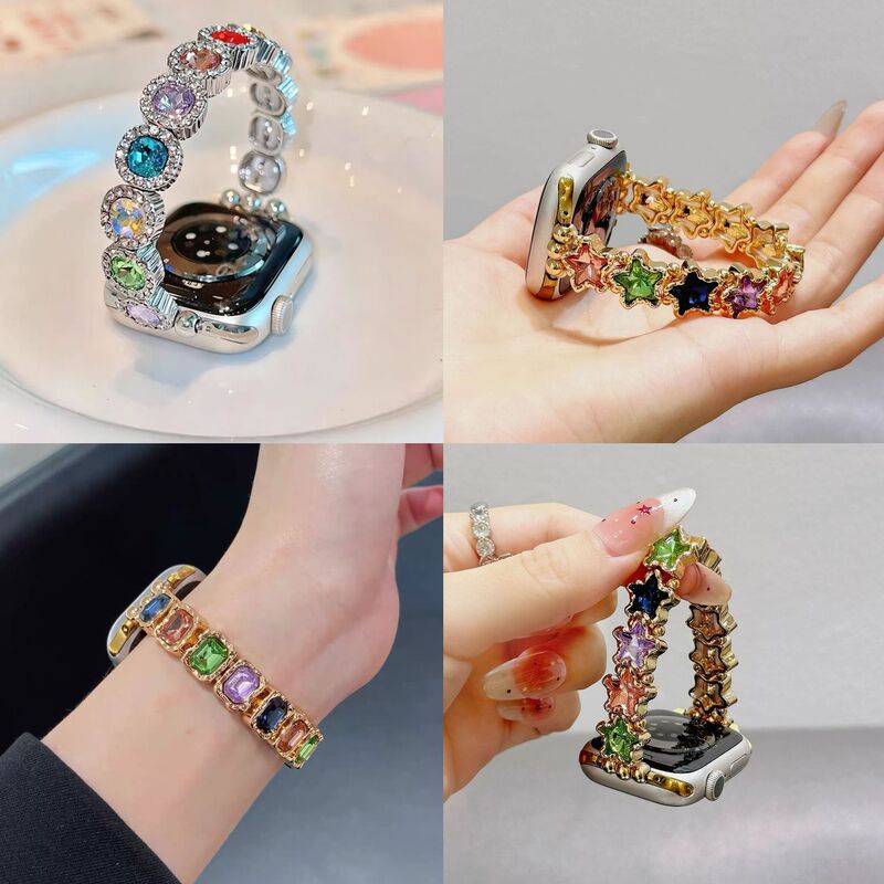 Suitable for Apple Watch iwatch45678/SE series watch strap, beaded glass pendant with square diamond replacement wristband Suitable for Apple Watch iwatch45678/SE series watch strap, beaded glass pendant with square diamond replacement wristband