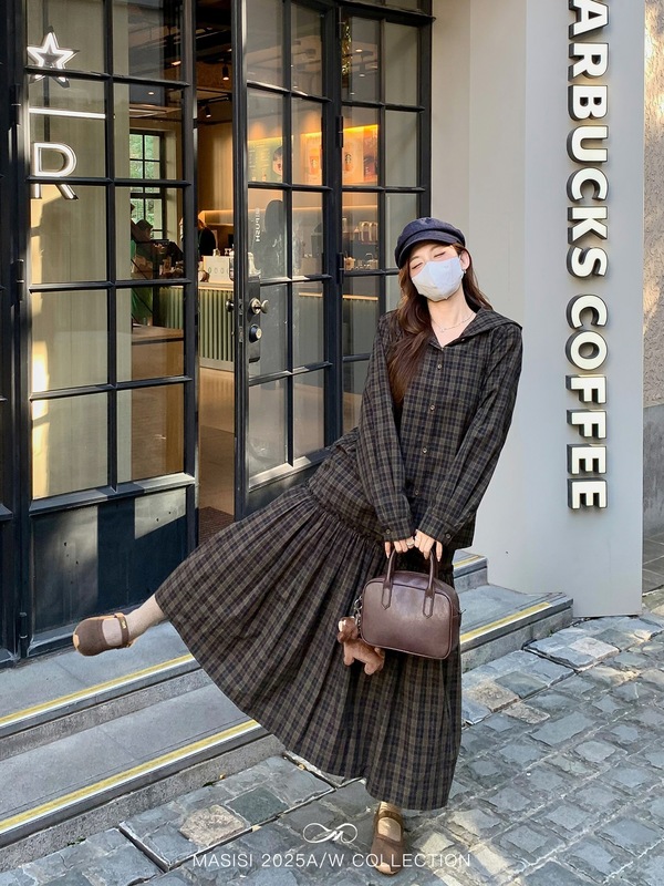 马西西大码女装复古文艺连帽格子套装裙秋季胖mm上衣半身裙两件套|undefined