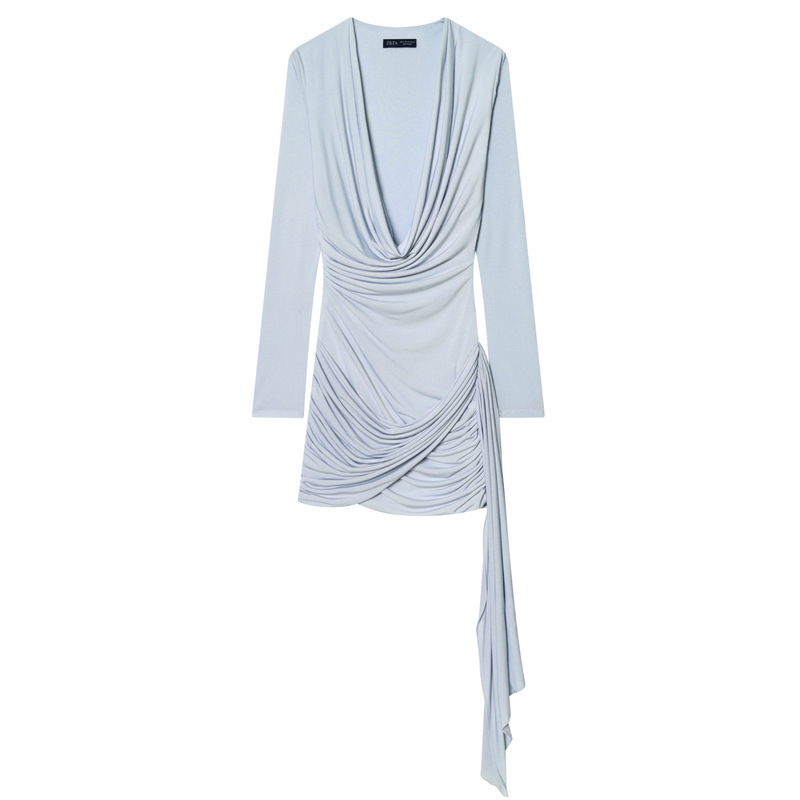 Za New Women's Clothing European and American Style Slim Fashion Pleated Fashion Belt Long-Sleeved Mini Dress 3152366