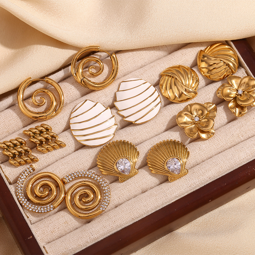 Micro Inlaid Conch Flower Drip Oil Stainless Steel Earrings