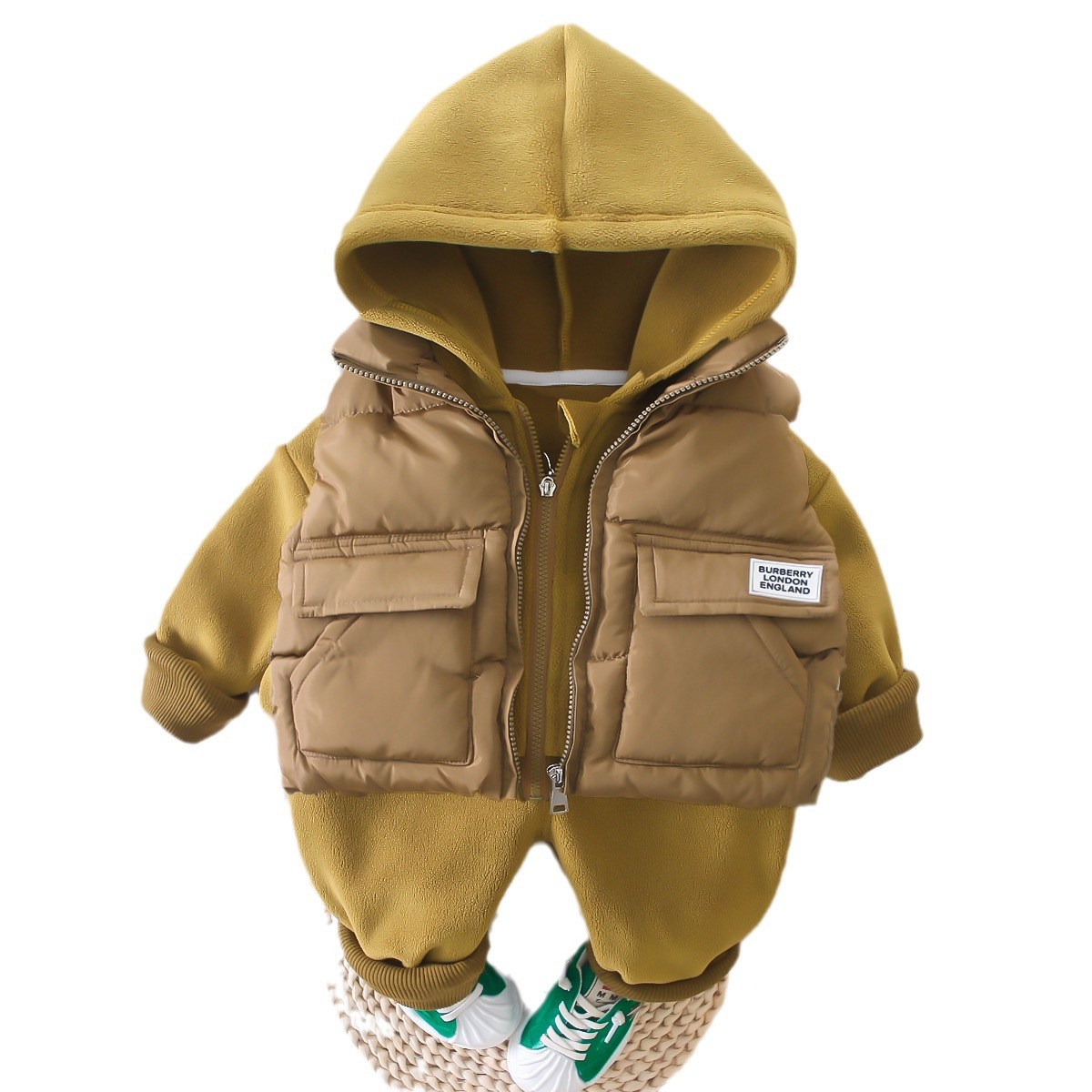 Invierno de los niños de algodón acolchado abrigo bebé acolchado chaleco Chaleco de los niños de lana forrado con capucha cremallera chaqueta de tres piezas