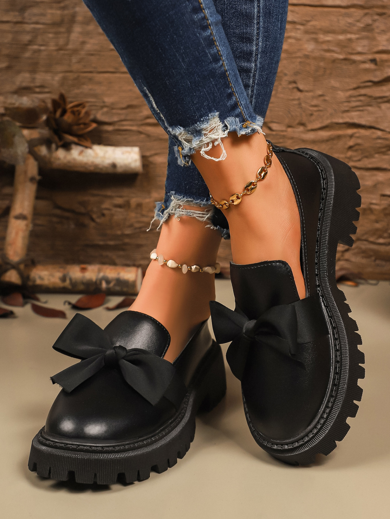 Women's Lus Size Bow Low Top Single Shoes Slip-On Leather Thick Soled Autumn New Style Size 43_vogvips.com