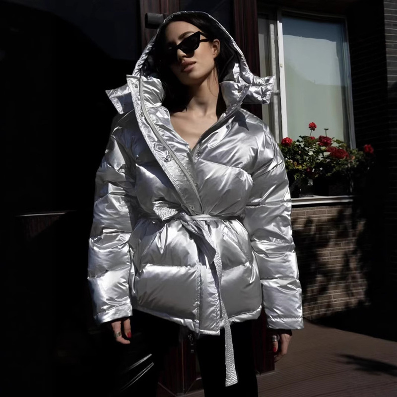 Cross-border European and American cotton-padded jacket new women's winter thick warm jacket coat elegant hooded belt pocket zipper