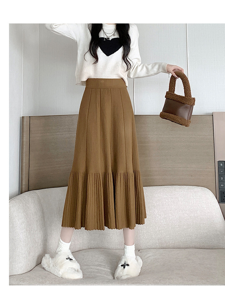 Pleated Knitted Skirt Women'S Autumn And Winter New Fashion High Waist Korean Version Casual And Thin Big Swing Skirt A-Shaped Skirt Umbrella Skirt 47 Undefined