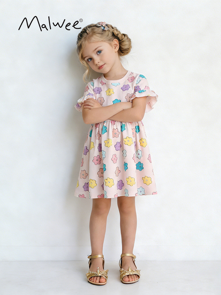Malwee transfronterizo vestido de niña de verano nuevo estilo extranjero de niña impresión de cuello redondo de manga corta para niños europeos y estadounidenses