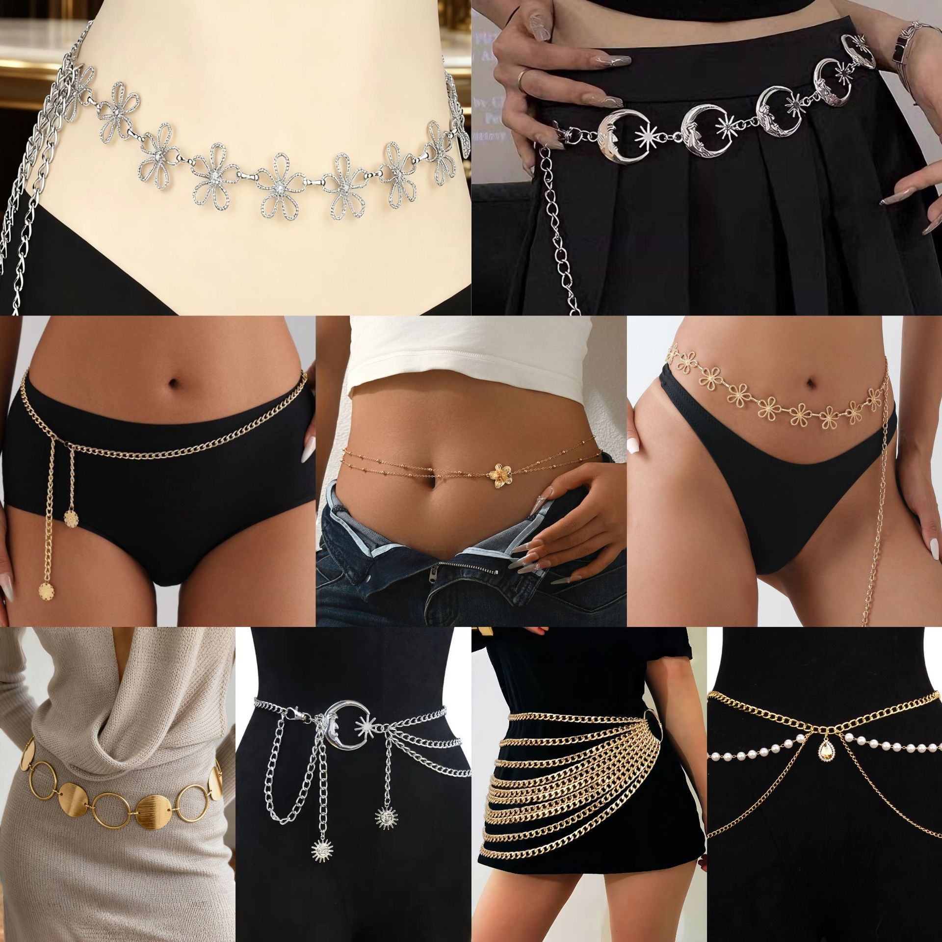 European and American cross-border popular accessories: sexy, versatile, trendy small floral waist accessory, fashionable electroplated alloy chain waist accessory