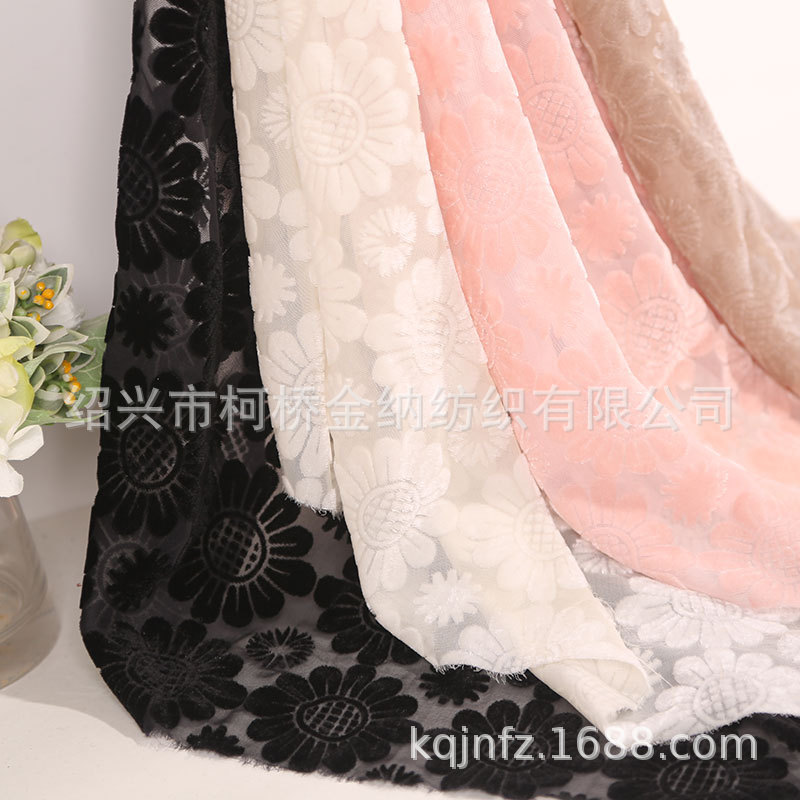 现货仿真丝丝绒女装连衣裙烧花半透镂空锦绒烂花绒布面料厂家批发