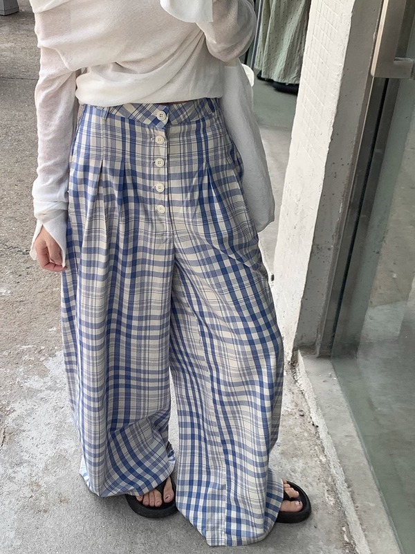 175高个子女生加长版慵懒松弛感宽松阔腿格子休闲裤女夏直筒垂感|undefined