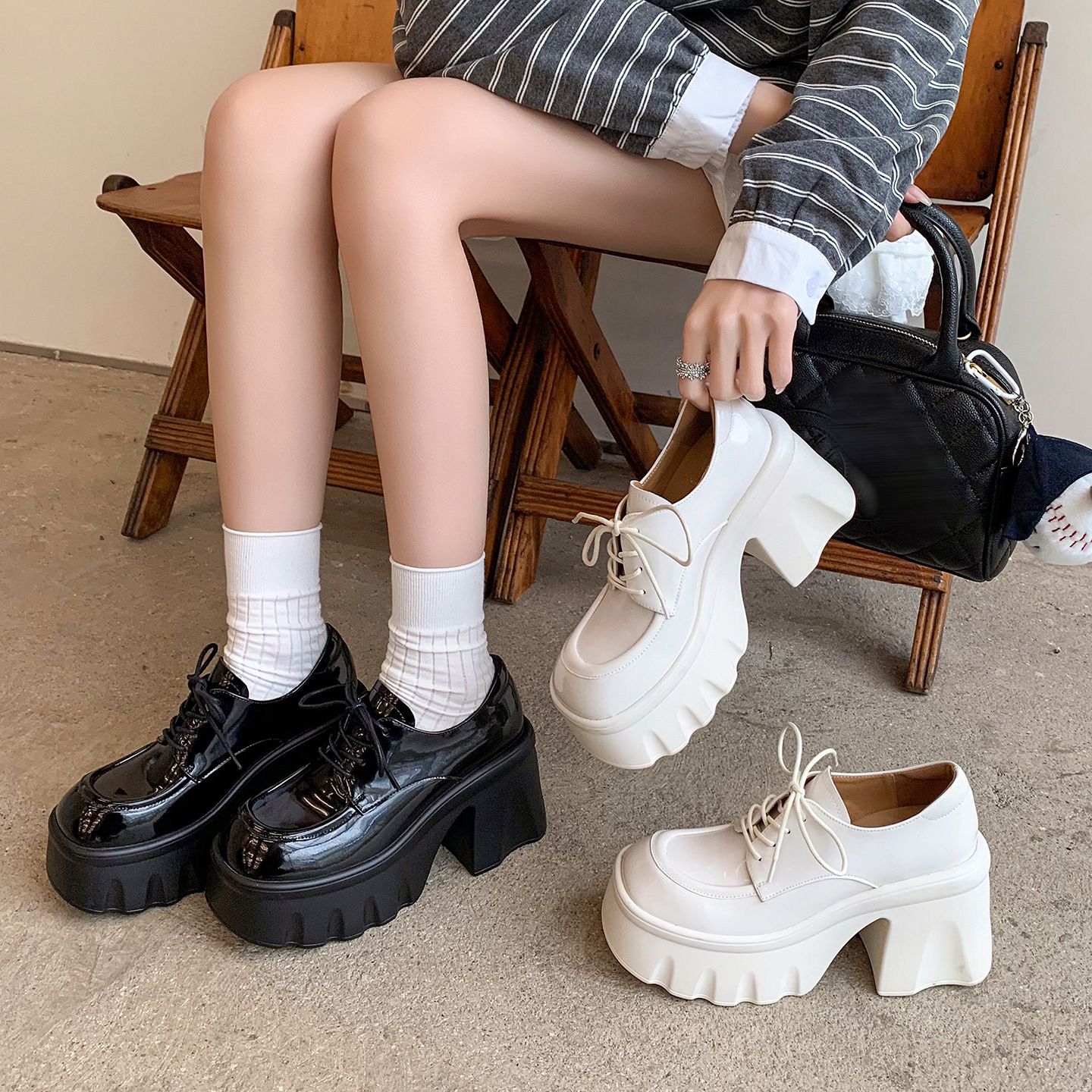 Giày loafer nữ đế xuồng platform gót vuông dây buộc da thật — màu đen, màu trắng ngà