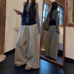 韩系穿搭灰色针织衫挂脖吊带水洗工装休闲裤女2025秋季新款套装潮