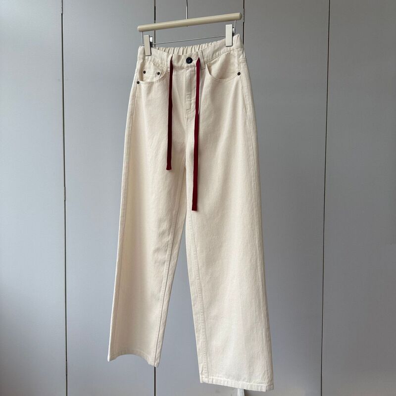 Undyed Natural Color 100% Cotton! Contrast Color Red Drawstring Elastic High-Waisted Lightweight Structured Slightly Loose Straight-Leg Jeans for Women Undyed Natural Color 100% Cotton! Contrast Color Red Drawstring Elastic High-Waisted Lightweight Structured Slightly Loose Straight-Leg Jeans for Women