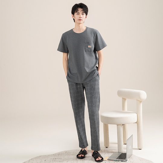 Japanese Style Casual Pure Cotton Pajamas Men's Summer Short-sleeved Trousers suit Men's Outwear Simple Solid Color Home Clothes suit
