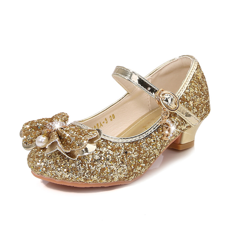 Zapatos de tacón alto para niñas primavera nuevos zapatos de princesa para niños zapatos de cristal plateado inferior suave del todo fósforo zapatos de cuero de rendimiento de niña