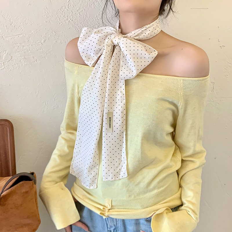 Bufanda de seda para mujer, banda larga, sensación de alta calidad, bufanda de seda de lunares simple retro, bufanda de cinta multiusos, diadema, cinturón para el cabello