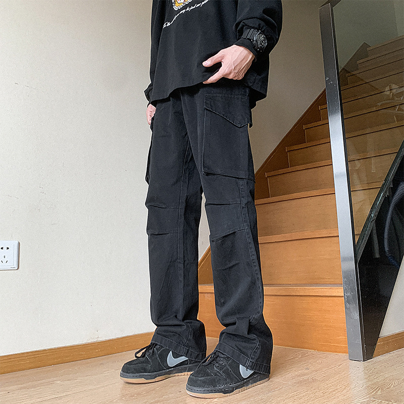 Pantalones americanos de moda masculinos rectos y sueltos de alta calle retro de piernas anchas de tope de piso de micro cuerno pantalones de trabajo casuales