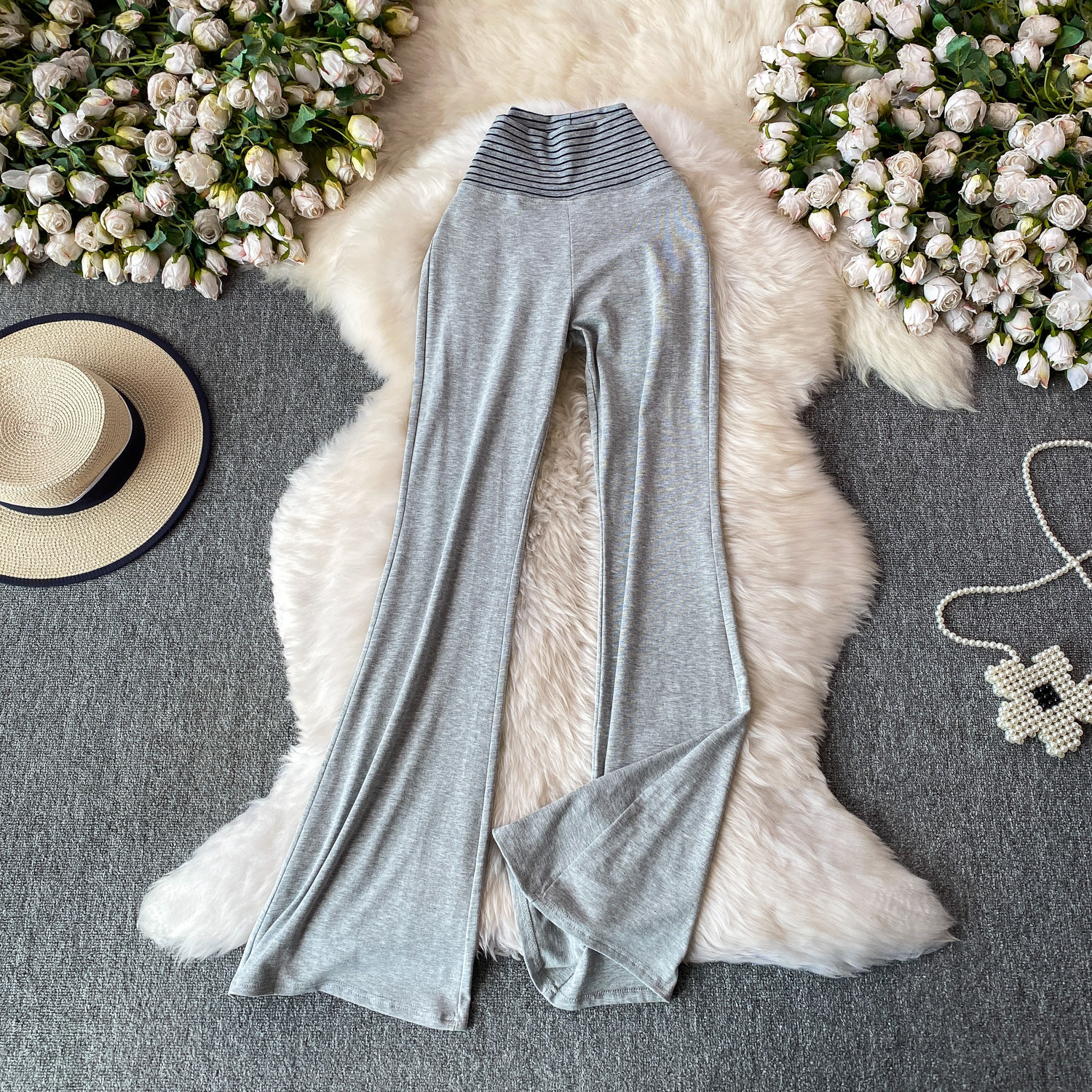 Korean Style High-Waisted Striped Flared Pants Women's Slimming Elongating Summer Bottoms Simple Stylish Polyester Capris_ecoleips.com