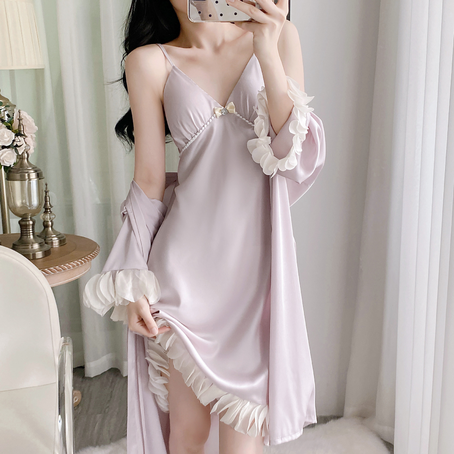 Women's Summer Ice Silk Pajamas Thin Pure Lust Sexy Nightgown Camisole Nightgown Two-Piece Home Clothes with Breast Pads