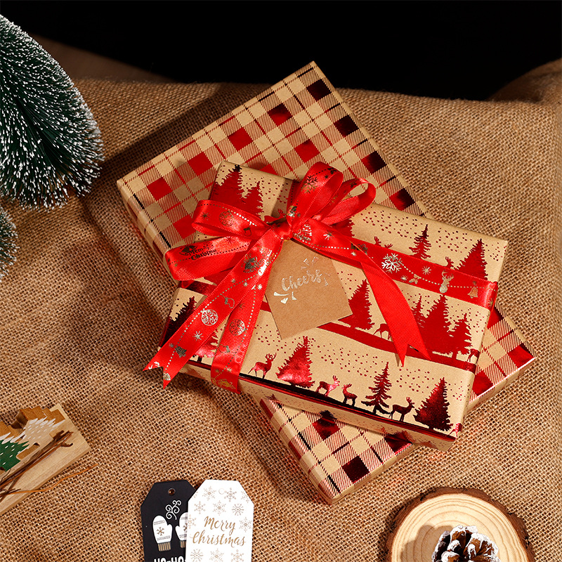 Transfronterizo amazonas rojo estampado navidad nieve ciervo cuadrado rayas embalaje de regalo kraft DIY al por mayor en stock