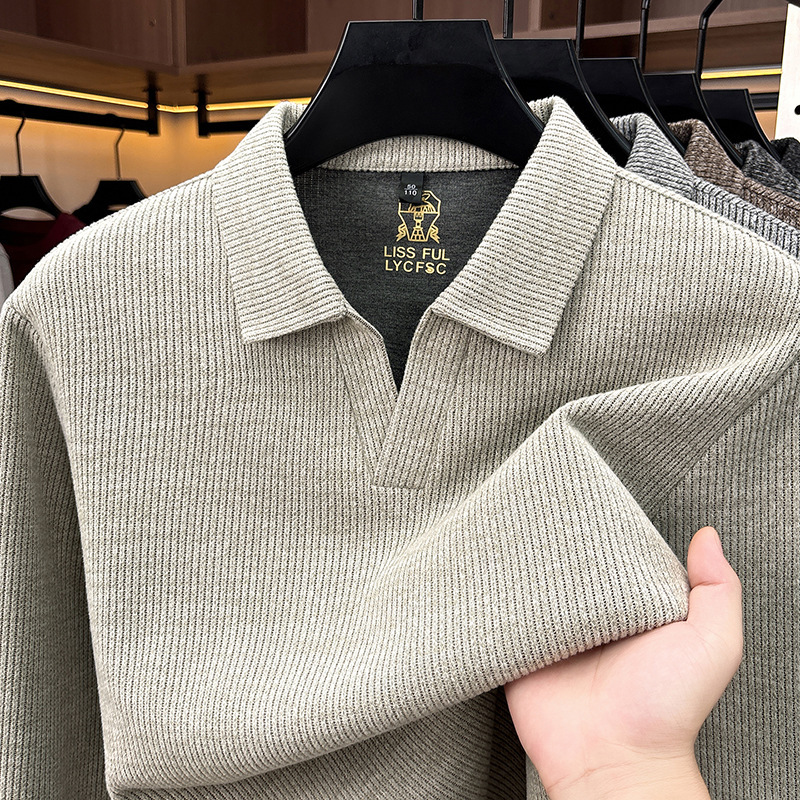 Cross-border foreign trade men's long-sleeve t-shirt with a scissor collar, autumn simple casual loose-fitting thickened base POLO shirt Cross-border foreign trade men's long-sleeve t-shirt with a scissor collar, autumn simple casual loose-fitting thickened base POLO shirt