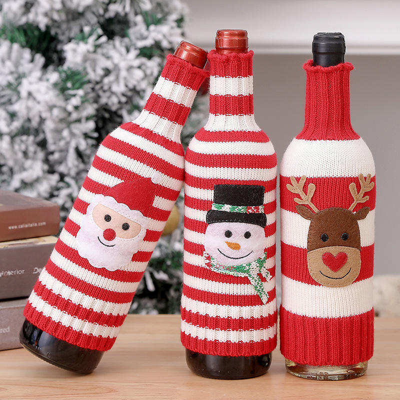 Neu Weihnachtsschmuck Wolle Acryl Gestrickte Gestreifte Weinflasche Set Elch Schneemann Wein Champagner Flasche_voghion.com