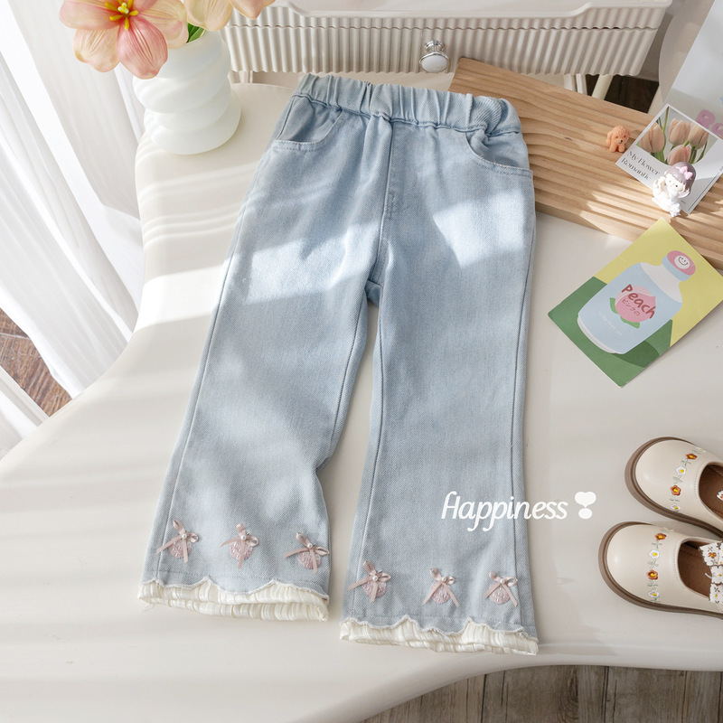 Girls' Spring and Autumn New Jeans for Young Children, Fashionable Long Pants with Stylish Lace Trim and Bow Embroidery, Flared Pants