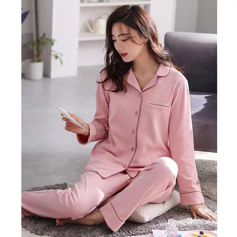 Pijamas de algodón para mujer primavera y otoño Rebeca de algodón suelta Otoño e Invierno solapa pequeña traje de desgaste casual para el hogar