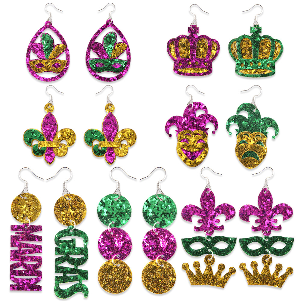 Carnaval de doble cara pendientes de sequillas máscara de oro roxo verde iris adornos de orejas pendientes de letras de Mardi Gras joyas