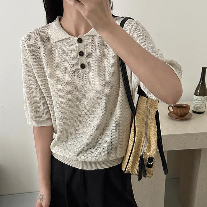 Tencel Linen Knitted Short-Sleeved T-Shirt for Women 2026 New Summer Thin Loose Slimming Polo Collar Base Shirt