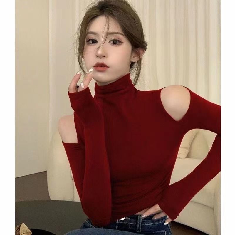 Hollow-Out Off-Shoulder Half-High Collar Women's T-Shirt for Spring, Slim-Fit Black Top, Short-Sleeve and Long-Sleeve Base Layer