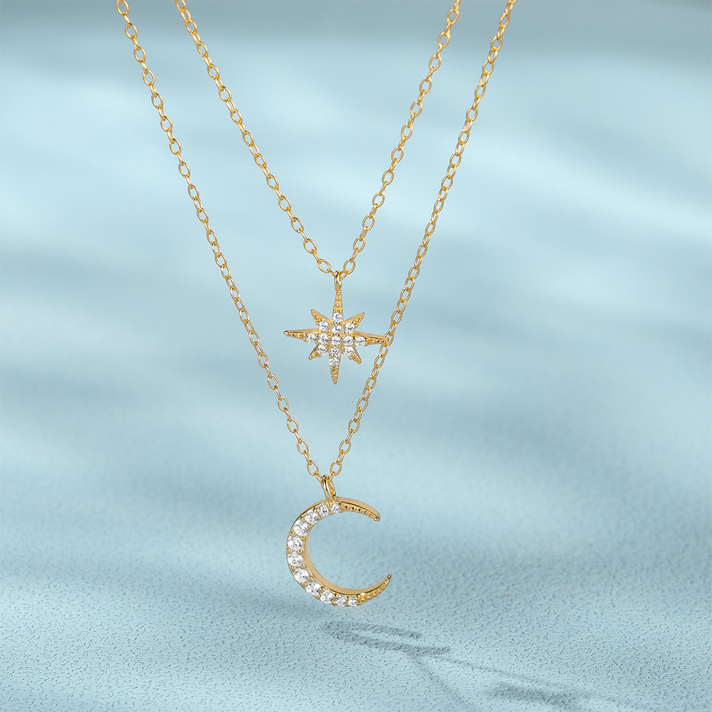 cable chain Chain Type 925 Sterling Silver Zircon Cable Chain Plating Inlay Star Moon Double Layer Necklaces
