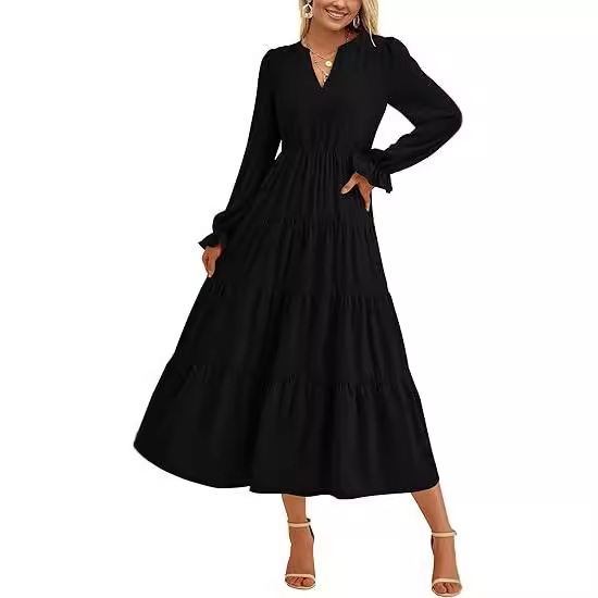 2024 Independent Station Autumn Long Dress Long Sleeve V-Neck Layered Ruffle Elegant A-Line Cocktail Party