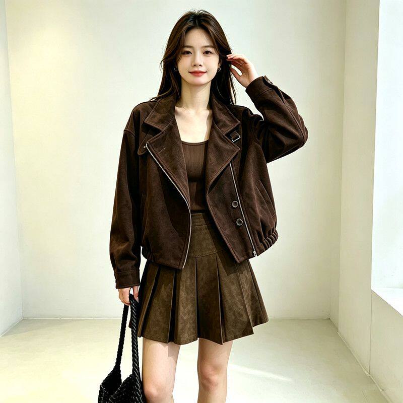 Áo khoác ngắn nữ da lộn dáng rộng khóa kéo, dài tay, cổ bẻ — Màu kaki, Màu nâu cà phê chi tiết 8