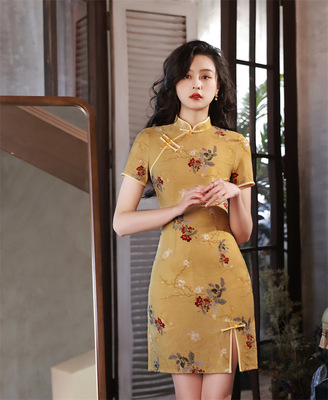 Retro Chinese Dress oriental Qipao Cheongsam for womensingle copy ramie paragraphs short before the split cheongsam breathable comfortable temperament