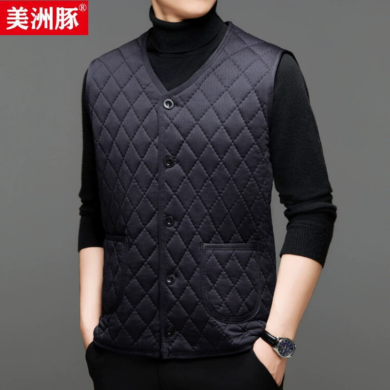 Demi-season down jacket, keep warm vest, V-neckline, for middle age, increased thickness