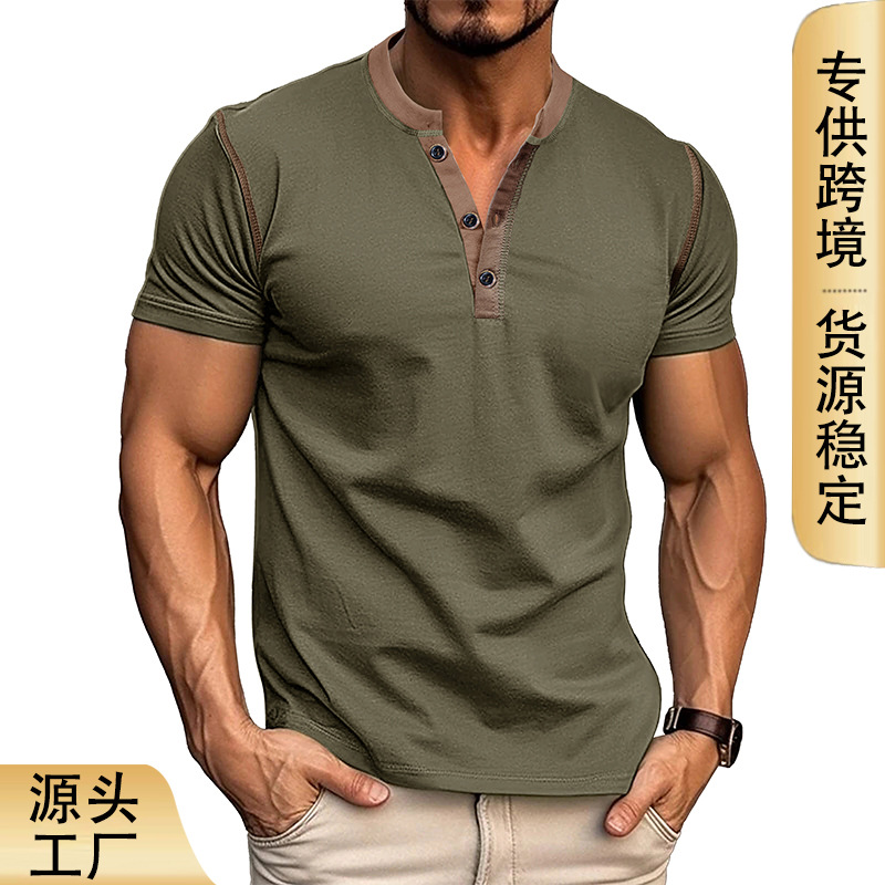 2025 Summer Men's Short-Sleeved T-Shirt Cross-Border European and American Men's Clothing Export Men's Henley Shirt Amazon's Hottest Clothing