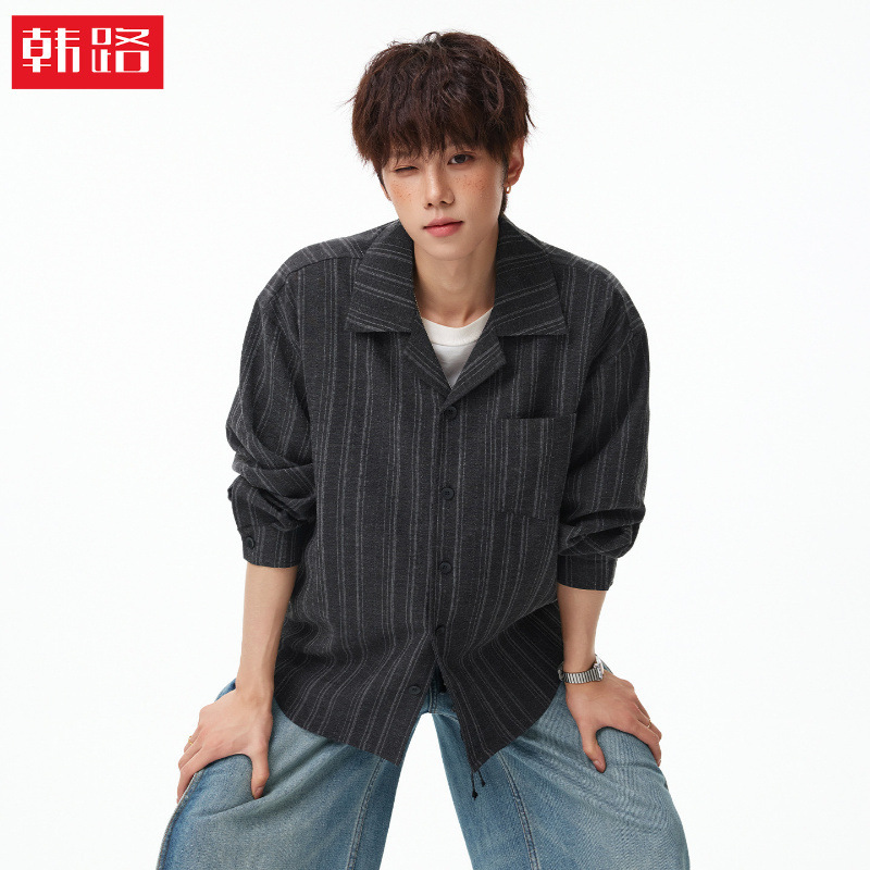 Han Lu | Vintage Old Money Style Yarn-Dyed Contrast Striped Long-Sleeve Shirt for Men, Autumn Casual Loose Fit Shirt Jacket.