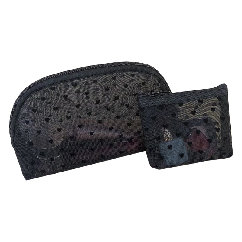 Negro amor flocado malla bolsa de cosméticos bolsa de almacenamiento multi-funcional portátil de gran capacidad transpirable primavera y verano bolsa de viaje