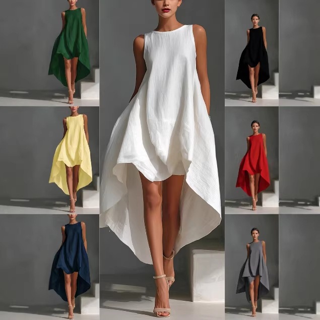 New European and American Style Dress, Fashionable Round Neck Sleeveless Dress with a Slimming Effect, Irregular Hem, Solid Color, Elegant Dress