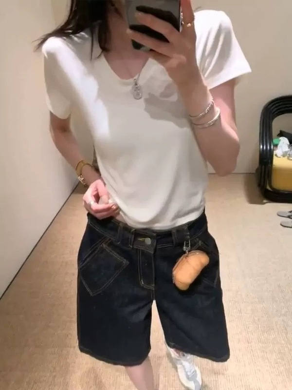 Ouyang コントラストカラーデニムショートパンツ女性の夏薄いルーズストレート 5 分パンツハイウエストスリムレトロパンツ|undefined
