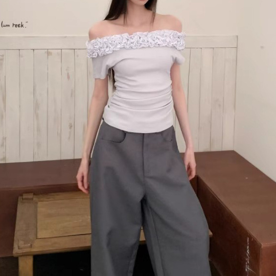 French Style Niche Design Blue Multi-Layered Lace Slanted Shoulder T-Shirt Women's Summer New Short-Sleeved Tops for Women