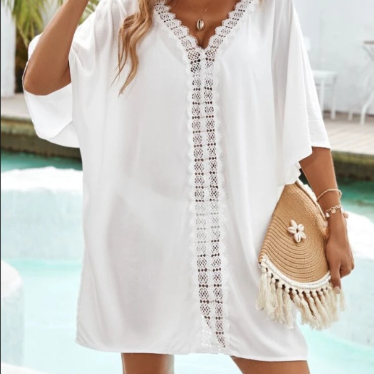 2025 cross-border europeas y estadounidenses ropa de mujer gancho de mano pura flor mosaico de playa suelta bikini camiseta vestido de mujer