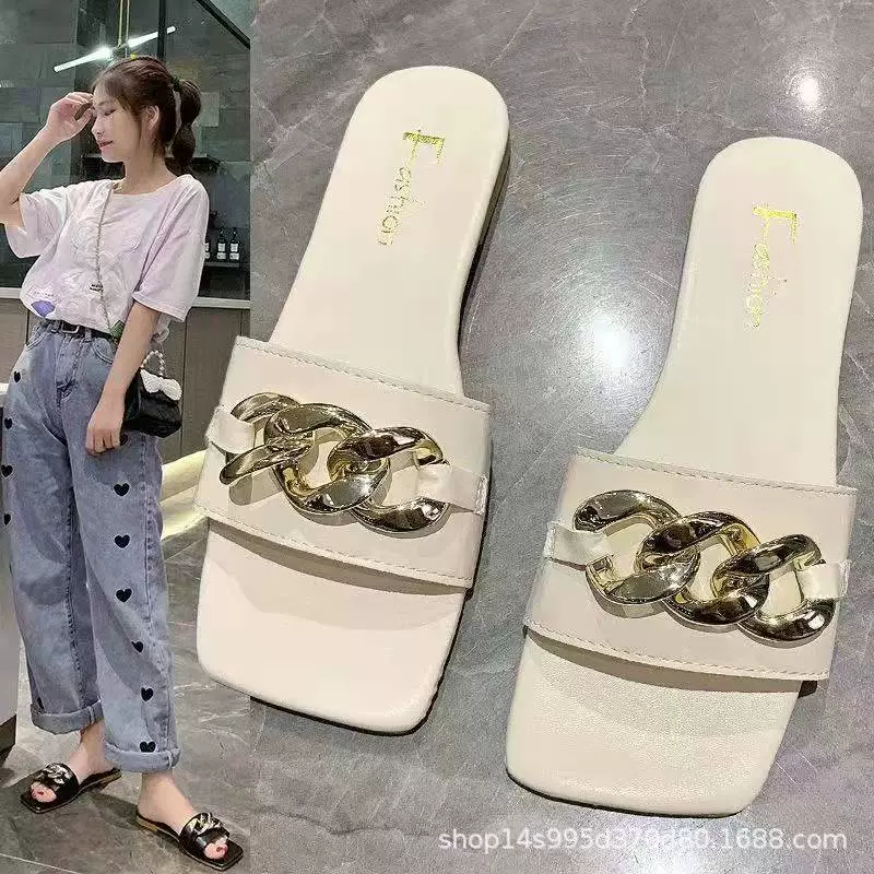 Женские летние новые кибер-знаменитости TikTok плоские одноименные модные сандалии и тапочки, женская верхняя одежда, пляжные тапочки с цепочкой